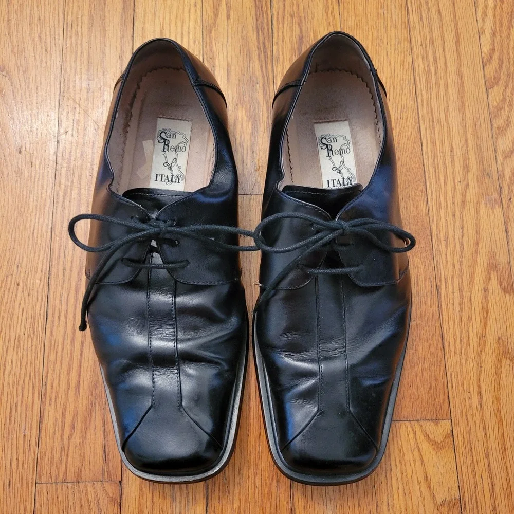 San Remo Italy Black Leather Square Toe Lace Up Dress Shoes‎ 9 Twee Academia